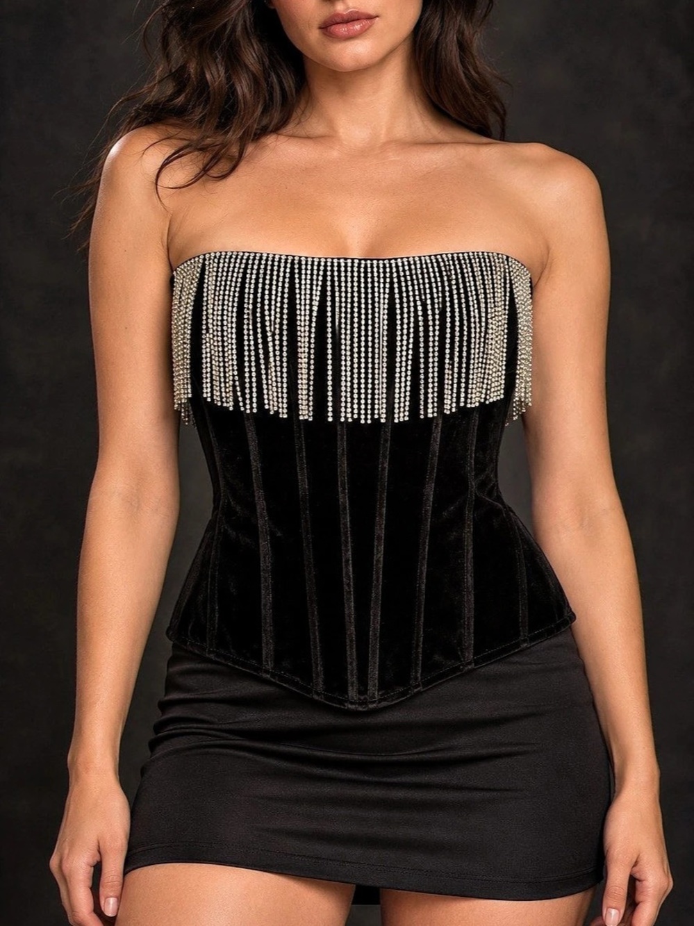 FOSUEIT Rhinestone Fringe Corset Top in Black Size Large